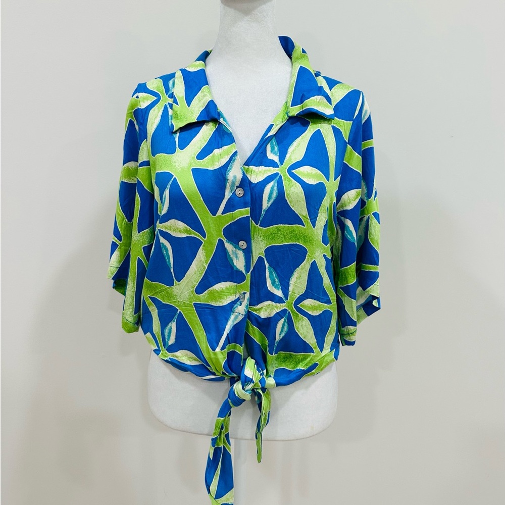 Haute Hippie Blouse With Tie Front & Abstract Print Blue Green Short sleeve M